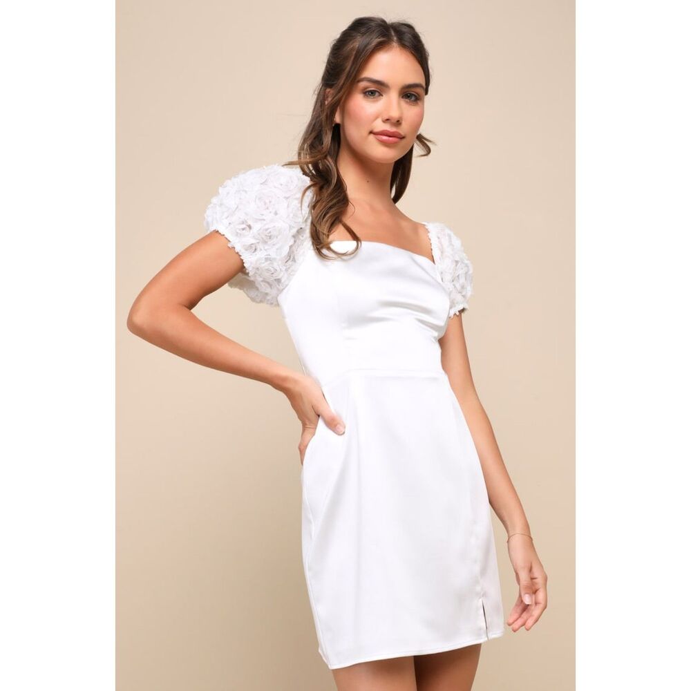 Lulus Precious Enchantment White Satin Floral Puff Sleeve Mini Dress Size Large